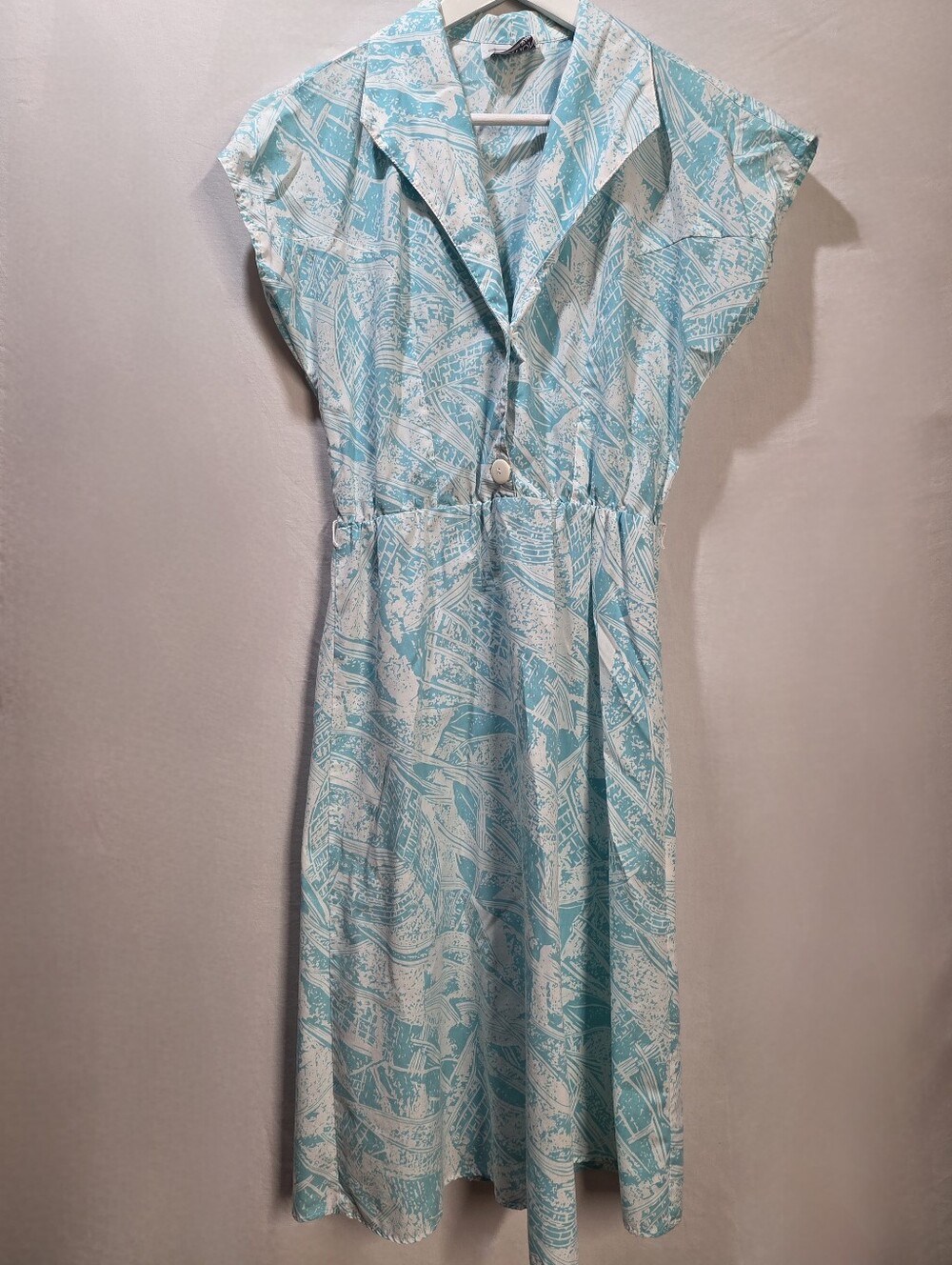 80s 90s Tradition by Sears Cotton Day Dress Teal White Abstract - Missing Button